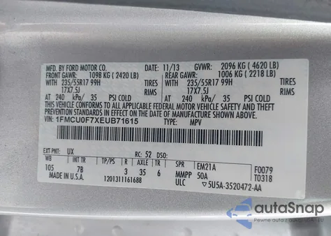 2014 Ford Escape S z USA, uszkodzony, nr VIN 1FMCU0F7XEUB71615